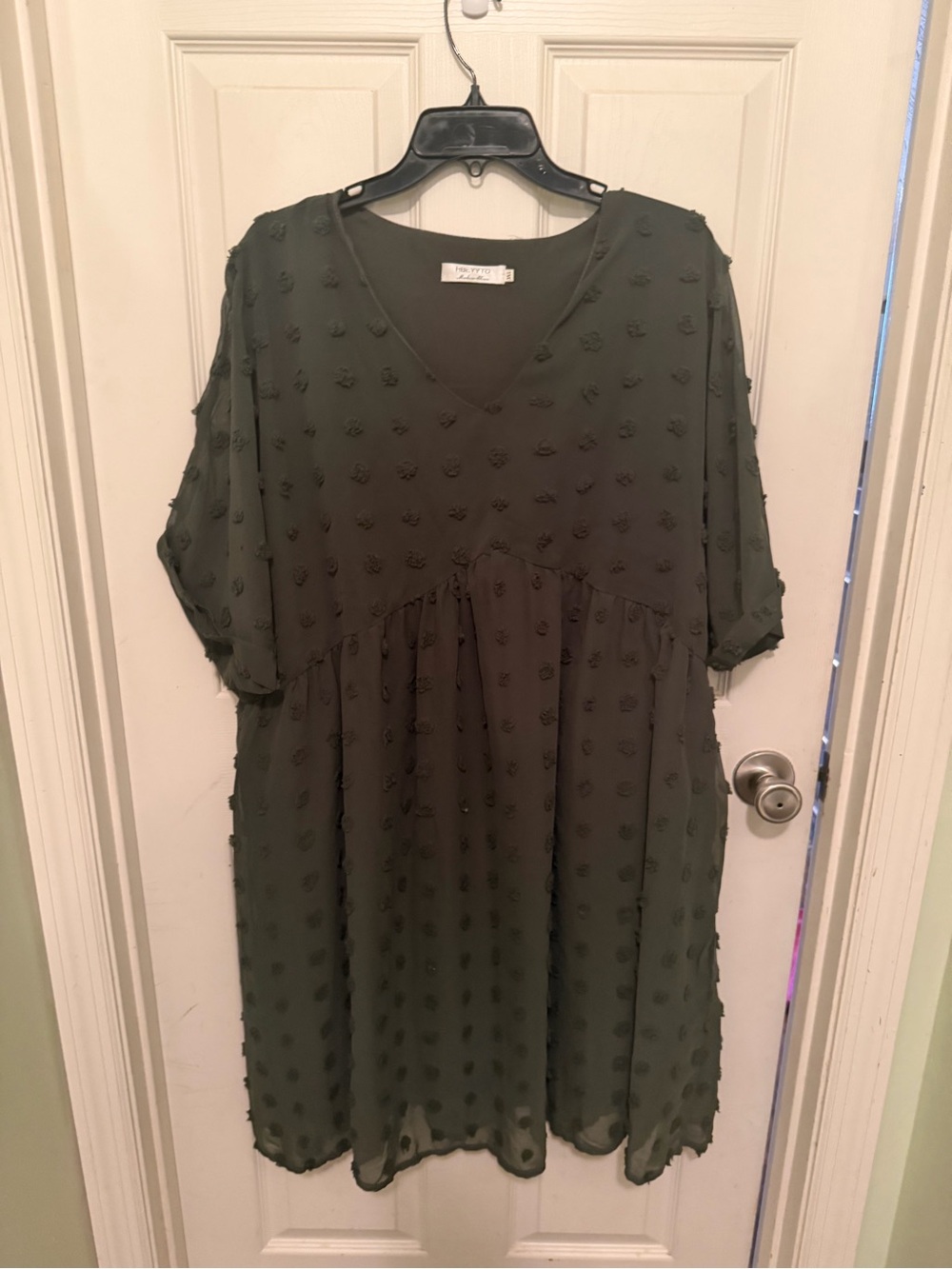 Olive Swiss Dot V-Neck Midi Dress